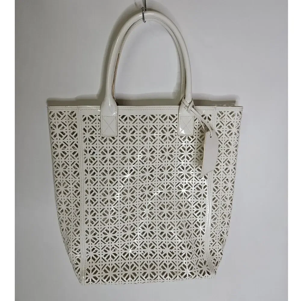 TORY BURCH White Cut-Out Patent Leather Tote Bag Lightweight Pool Beach Bag